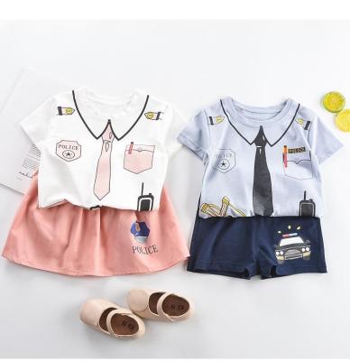 China Policeman style girls policeman style summer kids outfits letter tie printed short sleeve T-shirt+elastic skirt 2pcs sets baby boy clothes for sale