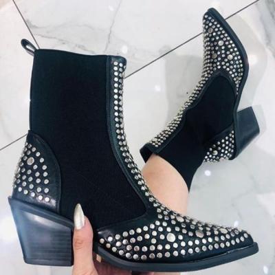 China Autumn And Winter Female Pointed rivet anti-slip large size denim elastic winter boots for women women's boots for sale