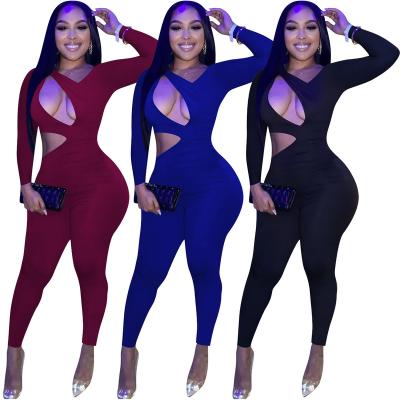 China Autumn Solid Color Buckle Hollow Breathable Design Sexy Club Wear Rompers Women Jumpsuit for sale