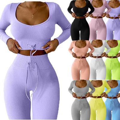 China Breathable Ribbed Yoga Set Two Piece Set Women Clothing New Knit Jogger Women Gym 2 Piece Sweatsuit Set for sale