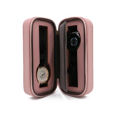 China Professional Manufacturing Eco-friendly Two Slots Watch Storage Organizer Jewelry Travel Zip Leather Watch Box for sale