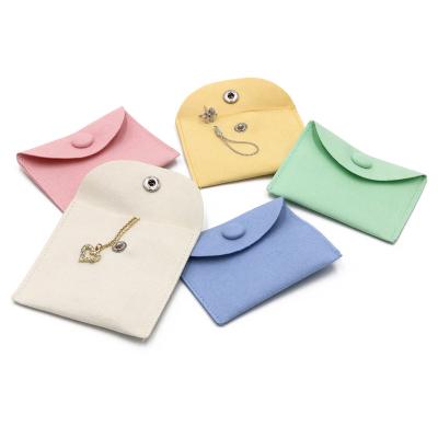 China Embossed Embossed Gold Foil Logo Printed Envelope Shape Drawstring Small Eco-friendly Small Button Packaging Bags Custom Microfiber Jewelry Pouch for sale