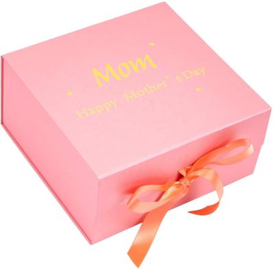 China Recycled Materials 8*8*4 Inches Pink Happy Mother's Day Gift Box With Satin Ribbon, Collapsible Gift Box With Magnetic Lid for sale