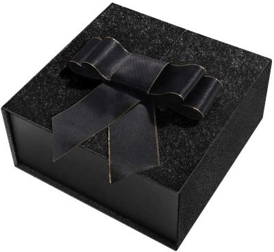 China Recycled Materials Double Door Design Glitter Open Gift Box with Glittery and Shiny Black Magnetic Lid and Ribbon, for Birthday, Wedding, Party for sale