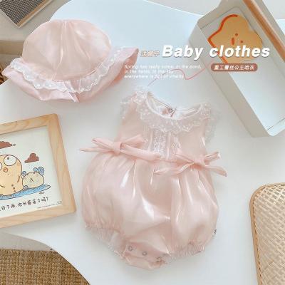 China Polyester / Cotton Girls Summer Clothes 2021 Children Clothing Infant Toddler Newborn Princess Lace Jumpsuits Hat Kids Romper for sale