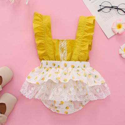 China Polyester / Cotton New Summer Baby 2021 Strawberry Print Children Girl Lace Dress Hem Jumpsuit Romper for sale