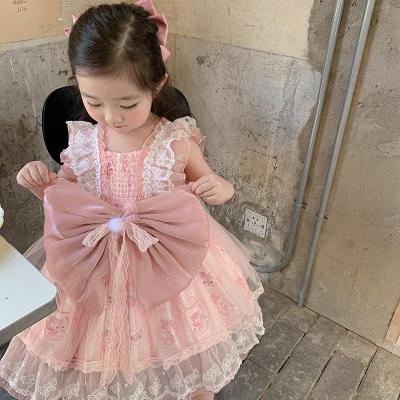 China Breathable Girls 2022 Summer New Gauze Skirt Children Back Bow Lace Stitching Lolita Princess Dress Baby for sale