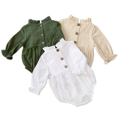 China Polyester / Cotton Long-sleeved Cotton Linen Newborn Baby Romper Solid Color Flying Sleeve Lace Neckline Children for sale