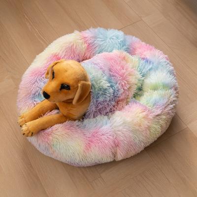 China Joyfamily Stocked New Arrive Winter Pet Bed Around Colorful Dog Cat Pet Bed With Mat for sale