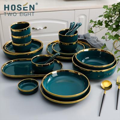 China Viable Custom Gold Rim Porcelain Plates Sets Dishes and Porcelain Dinnerware Set of Bowls and Dishware Set Household Dishes for sale