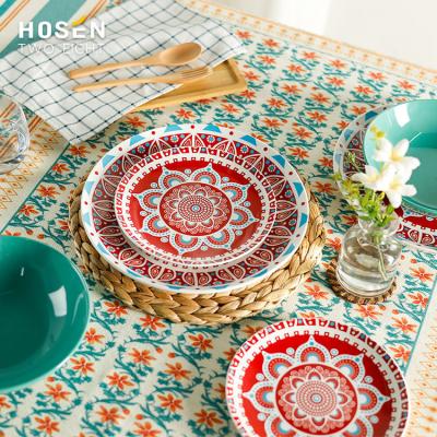 China Sustainable Amazon Bohemia Style 12 Pcs Ceramic Dinner Plates Hand Painting Tableware Set Home Use China Dinner Plate Fancy Round Porcelain for sale