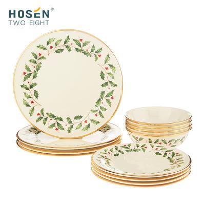 China Christmas Viable Style Dinner Set Dinnerware Set Ceramic Christmas Round Dishes and Dishes Set New Edge Porcelain Wholesale Gold Tableware Sets for sale