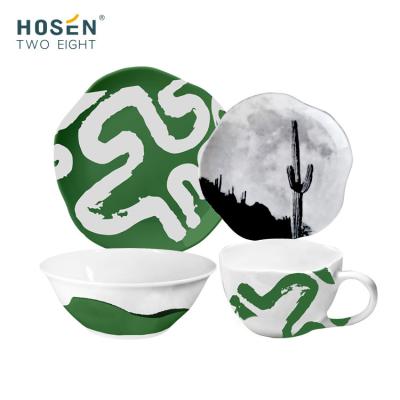 China Designer Trendy Abstract Lines Cactus Pattern Porcelain Ceramic Dinnerware Set Wholesale Viable Plates Dinnerware Set Sets for sale