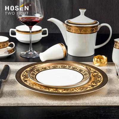 China Factory wholesale viable luxury gold porcelain dinnerware hotel ceramic dish set bone china dinner set for sale