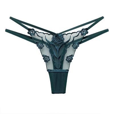 China Female sexy G-string gauze panties thong embroidered antibacterial sexy transparent seductive thong underwear for sale