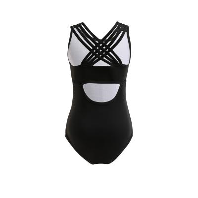 China Custom Logo Girls Black Double Strap Backless Swimming One Piece Swimsuit Seaside Leisure Sexy Tight Cool Breathable Beach Custom Made for sale