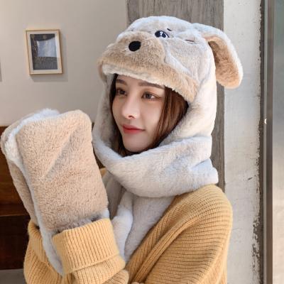 China Autumn And Winter New Bear Plush Medium Hat And Thickened Bib One-piece Winter Warmth Female One-piece Suit Three-piece Scarf for sale