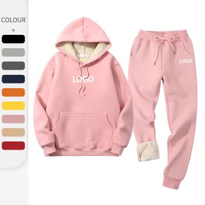 China Anti-pilling Winter Heavy Pink Sherpa Shear Womens Tracksuit Pants Hoodies Sets Custom Lambswool Tracksuit Women for sale