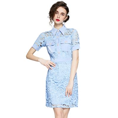 China Summer Breathable Light Blue Stretch Denim Dress Lace One Piece Mini Dress for sale