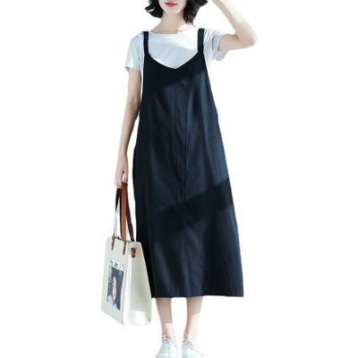 China Breathable Korean version of retro cotton sleeveless soft and cute casual loose plus size mid length and strap suspender canvas dress for sale