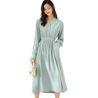 China Washable Mid Length Sleeve Shirt Long Dress Mid Length Sleeve Lace Pocket Commuter Temperament One-Piece Dress for sale