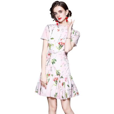 China Breathable Temperament Round Neck Age-Reducing Short Sleeve Waist Ruffled Skirt Floral One-Piece Dress for sale