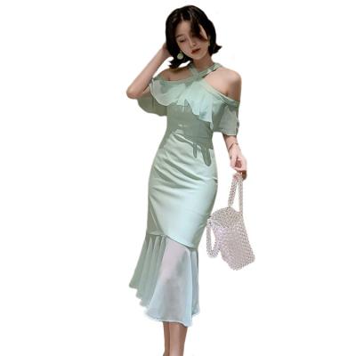 China Breathable Elegant Temperament Cross Neck Hanging Strapless High Waist Thin-Fitting Ruffled Chiffon One-Piece Dress for sale