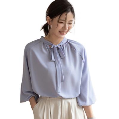 China Breathable Elegant Chiffon Shirt With Bowknot Loose Chiffon Shirt With Three Quarter Sleeves for sale