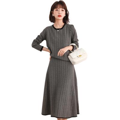 China Others Black One Line Wool Herringbone Pattern Round Neck Long Sleeve Shirt Skirt Casual Stitching Knitted Slit Suit Skirt for sale