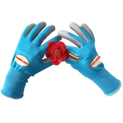 China Comfortable Logo Women DIY Custom Nitrile Coated Garden Gloves Ladies Planting Weeding Sowing Outdoor Protective Back Gardening for sale