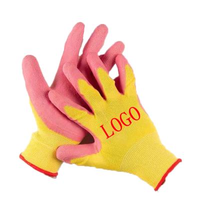 China Comfortable Work Glove Private Label Safety Hand Gloves Safety Work Gloves Yellow Rubber Latex Dipped Women Abrasion For Garden for sale