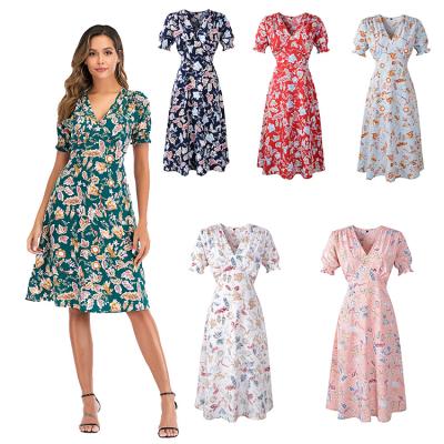 China 2021 New Style Ladies Summer V-neck Flower Print Bohemian Dress Breathable Sweet Women Fat Plus Size Flower Casual Dress for sale