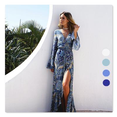 China Amazon Breathable Hot Sale Plus Size Casual Maxi Dress Loose Bohemian Long Sleeve Beach Holiday Style Ladies for sale