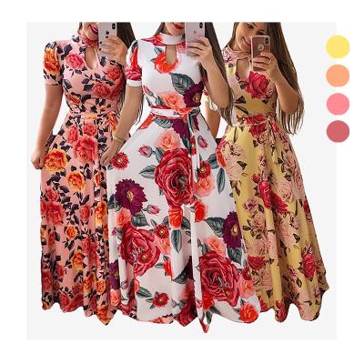 China New Breathable Fashion Short Sleeve Print Floral Gather Maxi Dress Multicolor Optional S-5XL Size Elegant Casual Style For Women for sale