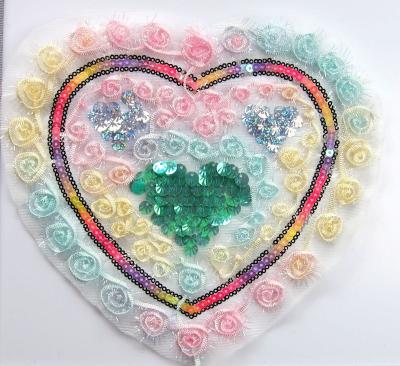 China new design 3D fashion garment accessory applique for apparel embroidery heart shape patch beautiful sequin organza patch for sale