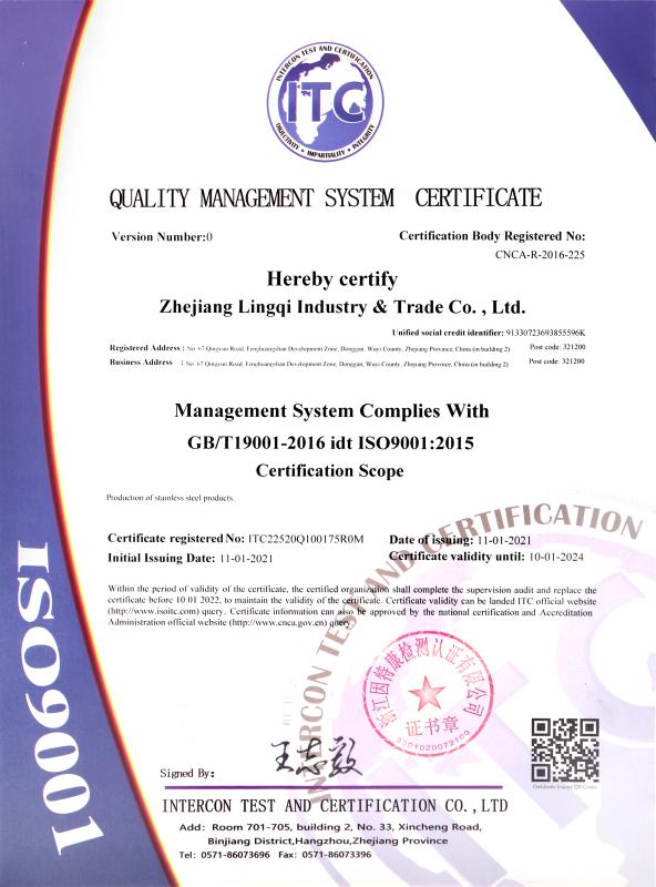 ISO9001 - Zhejiang Lingqi Industry And Trade Co., Ltd.