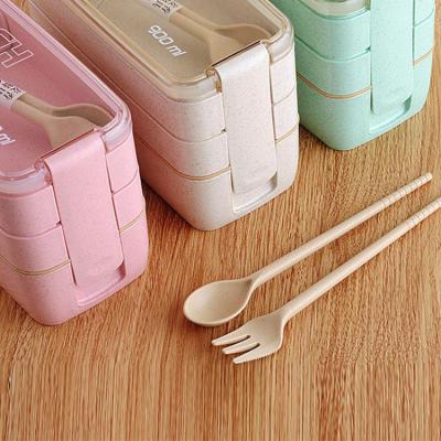 China Wheat And Straw Grade Material Minimalist 3 Layer Container Food Bento Student Lunch Box With Plastic Spoon And Fork for sale