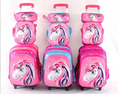 China Waterproof Trolley School Bags Cartoon Unicorn-patterned Satchel With A Tie Rod Three Piece Lunch Bags For School Kids for sale