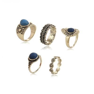 China Bohemia Ring Set Boho Retro Sapphire Five-Piece Turquoise Sapphire Set Ring Retro Ethnic Wave Bohemian Ring for sale