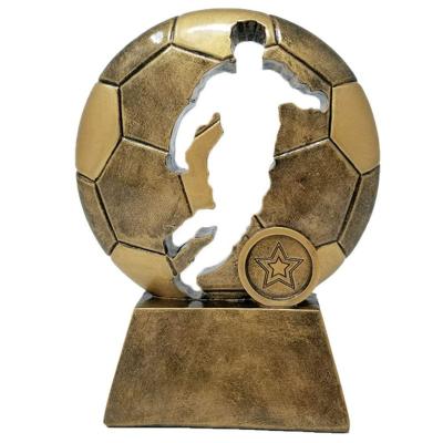 China Europe Suppliers Customized Hot Sale Resin Fantasy Opens Soccer Ball Player Cut Trophy for sale