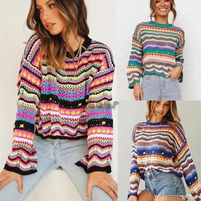 China new products from Amazon Anti-wrinkle plus size rainbow knitted round neck stripes fall sweaters for women for sale