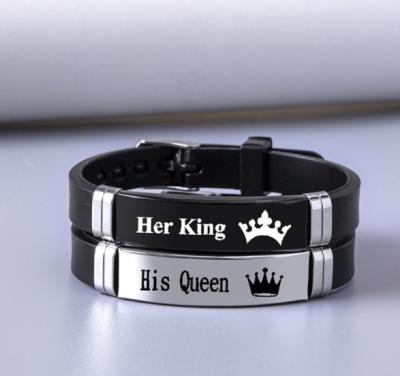 China Silicone Wristband Bracelet Couple Crown Romantic Black Silicone Wristband Steel Custom Wristband for sale