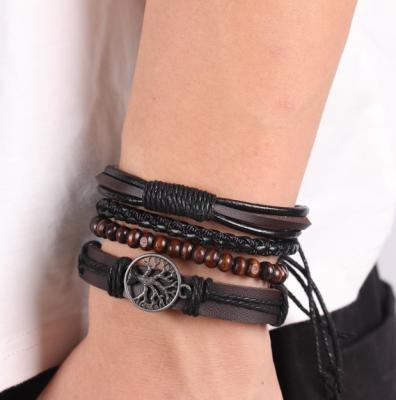 China Handmade Men's Tree Three Piece Peace Bracelet Style Vintage Black Braided Leather Bracelet for sale