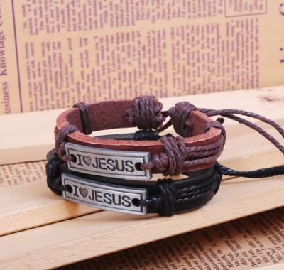 China Retro Bracelet Vintage Black Braided Alloy English Letters Leather Wrap Bracelet For Men for sale