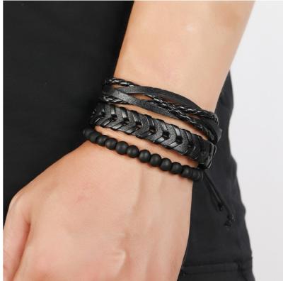 China Black Combo Set Round Men's Diy Vintage Braided Leather Bracelet for sale