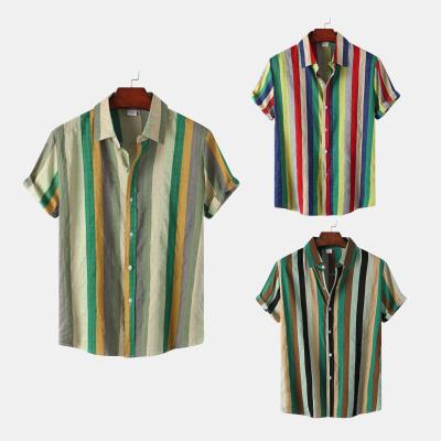 China Polyester/cotton 2022 summer new men's striped pattern large size lapel printed short-sleeved shirt for sale