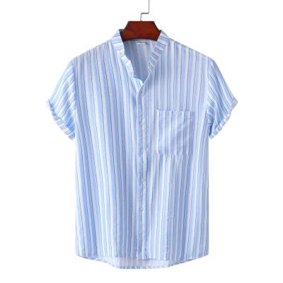 China Polyester striped casual square collar European shirt/cotton Amazon style hot men's short-sleeved shirt and American loose street for sale