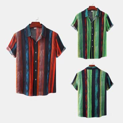 China Polyester / cotton 2022 new fashion spring and summer striped style men's shirt printed men's short sleeve shirt for sale