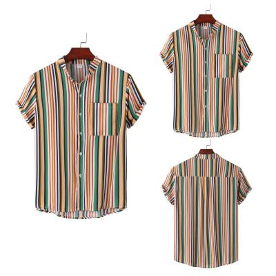 China Polyester/cotton 2022 spring and summer wholesale new men's canvas lapel large size Hawaiian striped short-sleeved shirt for sale