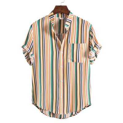 China 2021 Newest Summer Men's Anti-pilling Stripe Floral Button Down Shirts Men's Shirts Casual Short Sleeve Shirt for sale